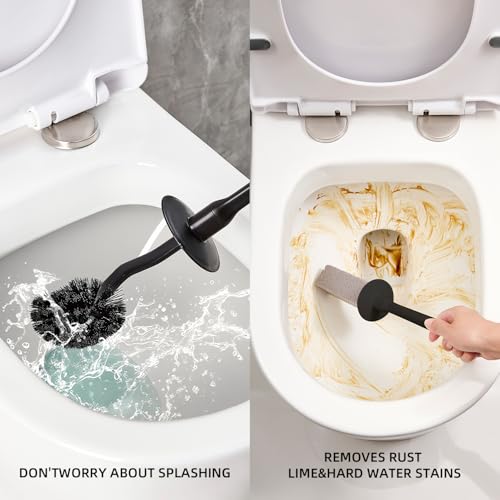 Toilet Brush & Pumice Stone Brush Combo, 2-in-1 Toilet Bowl Brush with Curved Deep Cleaning Brush and Extended Handle, Dual-Slot Holder Set, Compact Size Toilet Cleaner Brush Organizer (Dark Black) - color: Dark Black