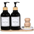 Zopeal 4 Pcs 16 oz Kitchen Soap Dispenser Set with Bamboo Tray and Dish Brush Plastic Soap Dispenser Set with Waterproof Labels for Hand Dish Lotion(Black) - color: Black
