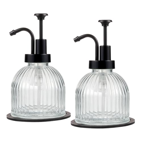 SheeChung 8 Oz Glass Soap Dispenser Bathroom, Clear Liquid Hand Soap Dispenser with Pump, Refillable Dish Soap Dispenser for Kitchen, Cute Modern Stripes Lotion Bottle, Shampoo (Black Pump, 2 Pack) - color: Clear-black Pump, 2 Pack