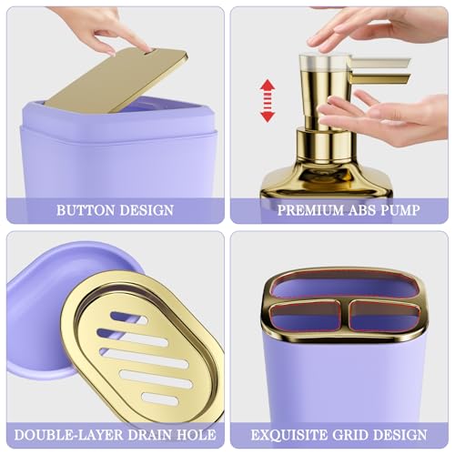 Bathroom Set - 11PC Bathroom Accessory Set, Bathroom Accessories Set, Purple Bathroom Set, Push-lid Trash Can, 3PC Soap Dispensers, Toilet Brush & Q-tip Holders - color: Purple & Gold, size: Bath Set