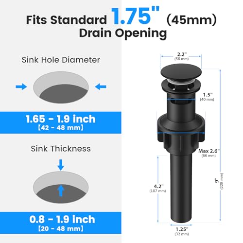 Bathroom Sink Drain with Overflow with Hair Catcher Anti-Clog Sink Strainer | Hurran Matte Black Bathroom Sink Stopper for 1.65"-1.9" Hole, Plastic Pop-up Drain for Bathroom Vanity Vessel Sink - color: Matte Black