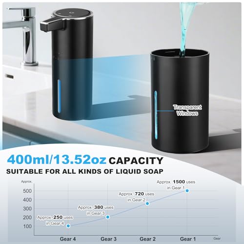 Automatic Soap Dispenser Liquid Touchless: 13.52oz/400ml Wall USB Rechargeable - 4-Level Adjustable Modern Electric Hand Soap Dispenser - Kitchen Bathroom Kids Family Black - color: Black Liquid