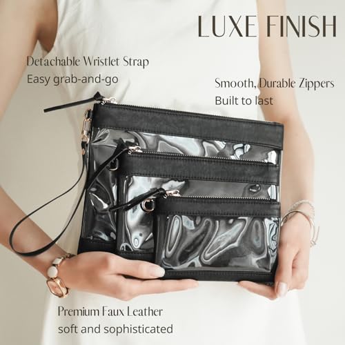 Popvibe Clear Makeup Bag for Traveling with Zipper Cosmetic Clear Travel Bag Organizer Pouches for Purse Clear Toiletry Bag Women Car Essential Bag Transparent Make Up Bag Set 3Pack, Black - color: Black
