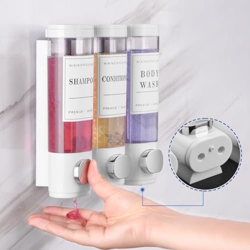 Shower Soap Dispenser Wall Mounted No Drill Shampoo Dispenser for Shower Wall Shampoo and Conditioner Dispenser Bathroom Hotel 3 * 300ml White with 3 Labels - color: White 3