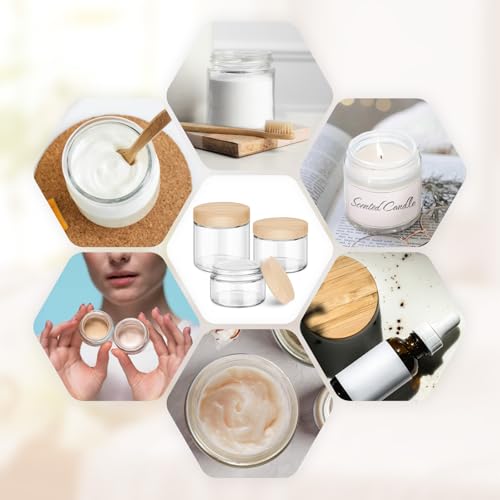 Glass Cosmetic Jars with Plastic Woodgrain Lids, 4 oz, 2 oz 1 oz Small Glass Storage Jars with Lids & Stickers, Reusable Clear Travel Containers for Creams, Lotion, Balms, Ointment 3 pack - color: Clear-3 Pack-124oz
