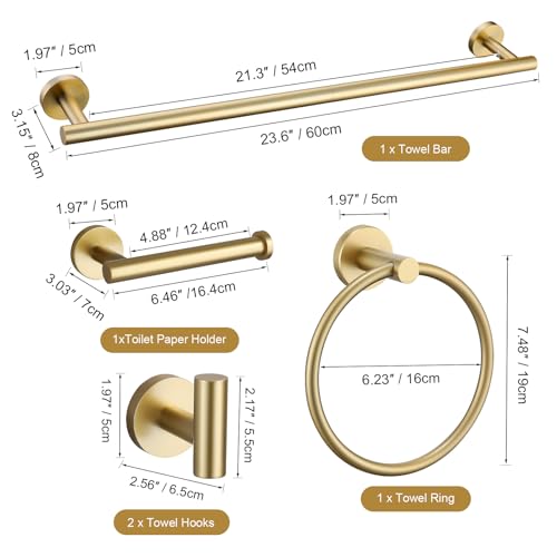 TURS Brushed Gold 5 Piece Bathroom Hardware Set, SUS304 Stainless Steel 24 Inch Bath Towel Bar Set, Round Bathroom Accessories Kit Wall Mounted - color: Brusehd Dark Gold
