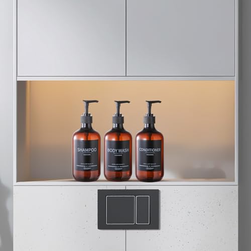 5Pack Amber Shower Bottles Refillable with Labels,16.9oz(500ml) Reusable Shampoo and Conditioner Bottles,Shampoo Dispenser Bottles - color: Amber