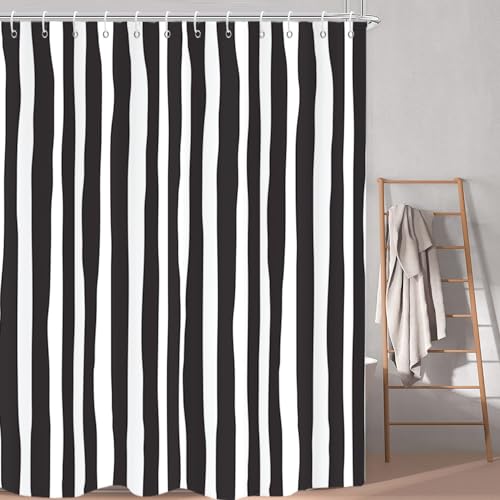 Black and White Extra Long Shower Curtain, Striped Boho Minimalist Modern Waterproof Fabric Machine Washable for Bathroom Bathtub with Hooks 72Wx78H - color: Black and White, size: 72"W x 78"L (Pack of 1)