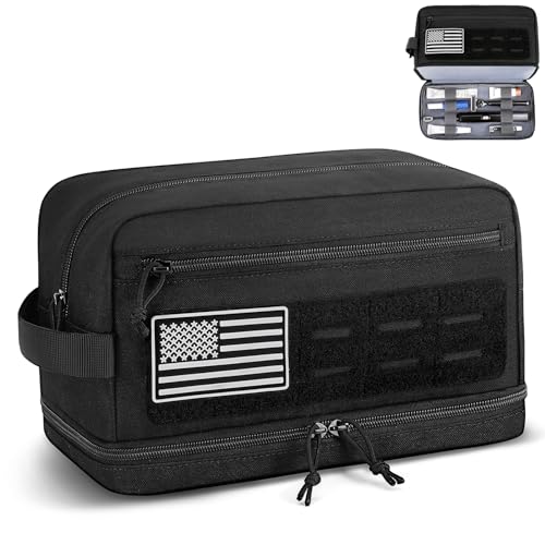 Tactical Toiletry Bag for Men, Travel Hygiene Bag with Double-layer, Large Capacity Hanging Toiletry Bags Water-Resistant Shaving Dopp Kit with EDC Molle Pouches, Bathroom Shower Makeup Bag, Black