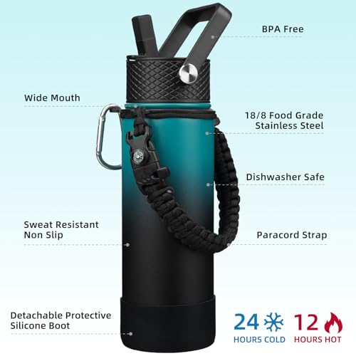 BJPKPK Insulated Water Bottle with Straw Lid, 22oz Thermal Flasks Water Bottles with 3 Lids, Paracord Handle & Non-slip Boot, BPA Free Leak Proof Stainless Steel Tumblers,Army Green & Black - color: Army Green & Black, size: 22 Ounces