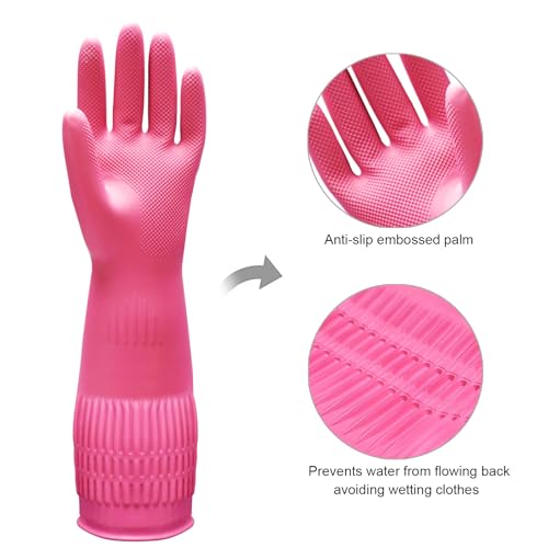 Bamllum 3 Pairs of Rubber Dishwashing Gloves for Kitchen and Household Cleaning – Long Cuff 15", Reusable, Flexible Long-lasting and Non-Slip (Red+Yellow+Green, X-Large) - size: XL(Best for Large Hands)