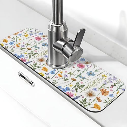 Spring Flower Colorful Leaves 15" X 5.5" Kitchen Sink Splash Guard Faucet Faucet Guard Draining Mat Sink Splash Guard Faucet Kitchen Bathroom - color: Spring Flower Colorful Leaves