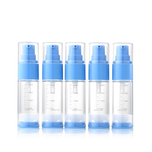 0.7oz/20ml Travel Airless Pump Bottles, 5 Pack Refillable Vacuum Cosmetic Containers with Clear Organizer Case & Labels, Small Lotion Dispenser Bottles for Skincare, Toiletries & Cosmetics - color: Blue, size: 0.7oz/20ml