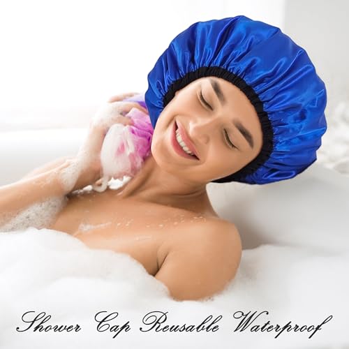 Shower Cap for Women, Large Shower Caps Reusable Waterproof with Elastic Band, Silky Satin Double-layer Bath Cap for Braids Long Hair - color: Set E