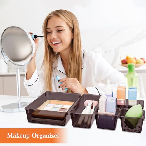 SpaceHacks 25 PCS Plastic Drawer Organizer Set, 4-Size Versatile Organizer Trays & storage Bins for Makeup, Jewelry, and Gadgets in Bathroom, Bedroom and Office,Brown - color: Brown