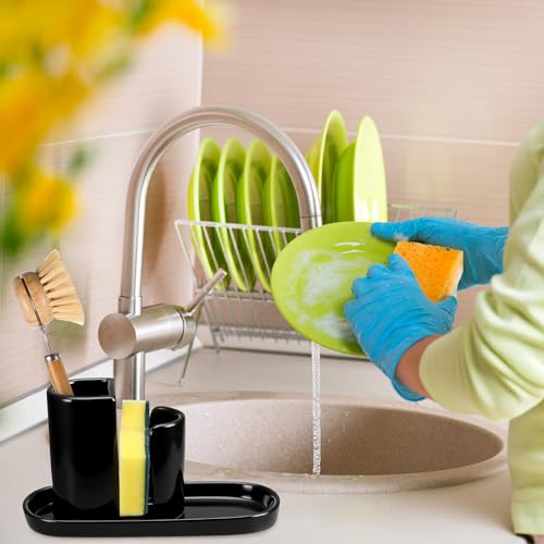 Geelin 3 in 1 Ceramic Kitchen Sink Caddy Dish Sponge Holder Scrub Brush Holder and Soap Tray for Kitchen Organizer Rustic Farmhouse Supplies(Black) - color: Black