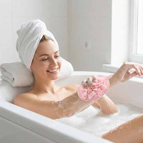 4 Pack Shower Loofah for Women, Washable Travel Loofah Set, Mesh Body Scrub Bath Pouf Sponge Pad