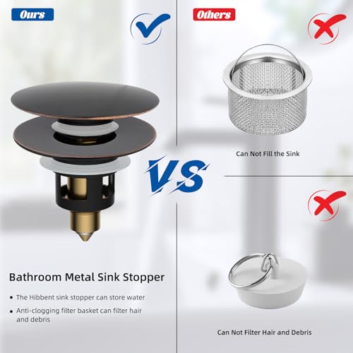 Hibbent All Metal 2 in 1 Bathroom Sink Stopper, Universal Pop Up Drain Strainer, Brass Bullet Core Push Type Stopper for 1.1''~2.3'' Basin, Big Push Button, Anti Clogging Filter, Oil-Rubbed Bronze - color: Oil-rubbed Bronze