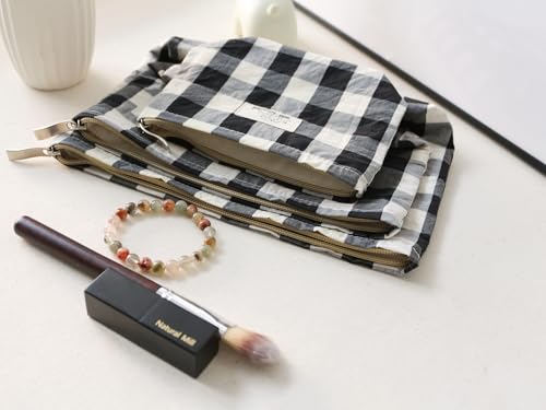 HAPPYHEIDI Large Cotton Black White Checker Makeup Bag with Compartment Cosmetic Toiletry Travel Pouch,Purse Accessory Organizer,Canvas Lined - color: Cotton Checker Large - w Compartment