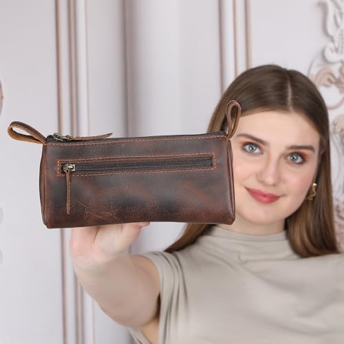 Leather Makeup Bag for Women – Genuine Leather Cosmetic Bag Travel, Handmade Zippered Makeup Pouch, Small Toiletry Bag, Shaving Kit & Stationery Organizer- Brown - color: Brown Cosmetic Pouch