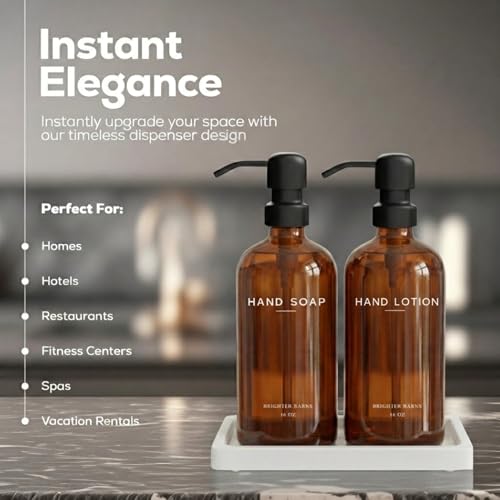 Amber Glass Soap and Lotion Dispenser Set with Tray by Brighter Barns - Hand Soap Dispenser Bathroom Set & Stainless Steel Pump for Home, Restaurant, Spa - Neutral Bathroom Decor & Accessories (Amber) - color: Amber Sl
