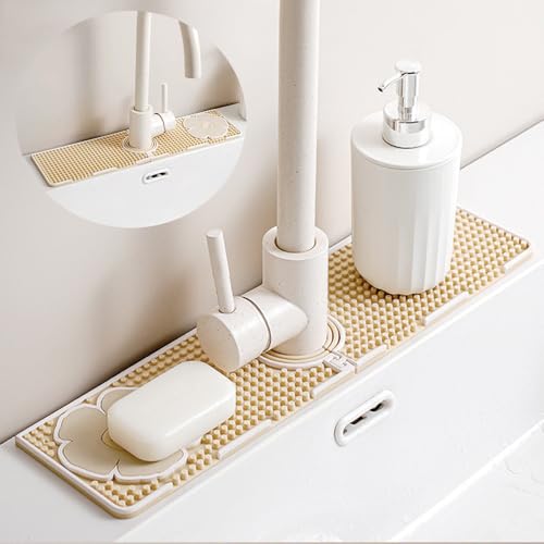 Faucet Mat for Kitchen Sink Splash Guard, 15 Inch Long Faucet Draining Mat, Detachable Kitchen Sink Faucet Mat with Adjustable Tube Holes, Soap Sponge Holder Faucet Handle Drip Catcher Tray Mat