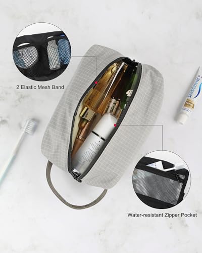 GOX Premium Plaid & Leather Travel Toiletry Bag with Reinforced Handles Cosmetic Organizer (9x5.1x5.1 inches) for Bathroom, Shaving, Makeup Essentials (Grey) - color: Grey