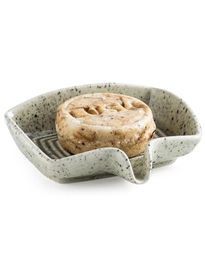 Self Draining Soap Dish, Ceramic Drain Soap Holder Waterfall Design Soap Saver for Shower, Bathroom, Sink, Kitchen and Countertop, Keeps Dry, Speckled Glaze - color: Speckled Glaze, size: Rectangular