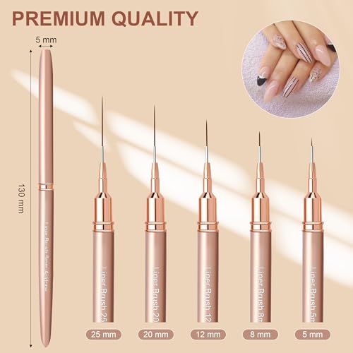 Artdone Metallic Nail Art Pens, Liner Brushes Set, 5PCS Gold Nail Tools | For Long Lines, Thin Details, Fine Drawing, Liner Brush UV Gel Polish Painting Nail Design Sizes 5/8/12/20/25mm - color: Copper Liner Brush Set