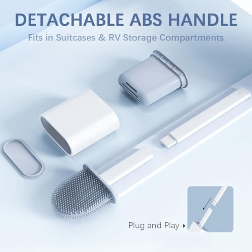 RV Silicone Toilet Brush with TPR Bristles & Detachable ABS Handle Set, Landing & Wall Mountable Toilet Bowl Brush for Space-Saving RV Bathrooms Flexible 360°Deep Cleaners Brushes (White) - color: White