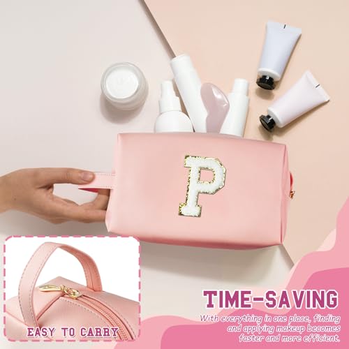 Personalized Initial Makeup Bag with Handle, Preppy Cosmetic Bag with Inner Zipper Pocket, 8 9 10 11 12 13 14 Years Old Girl, Graduation Gifts for Teen Girls Women Teachers (P, Pink) - color: Pink, style: P