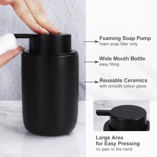 BosilunLife Ceramic Bathroom Accessories Sets Complete Bathroom soap Dispenser and Toothbrush Holder Set (Black-Foam) - color: Smooth-black-foam