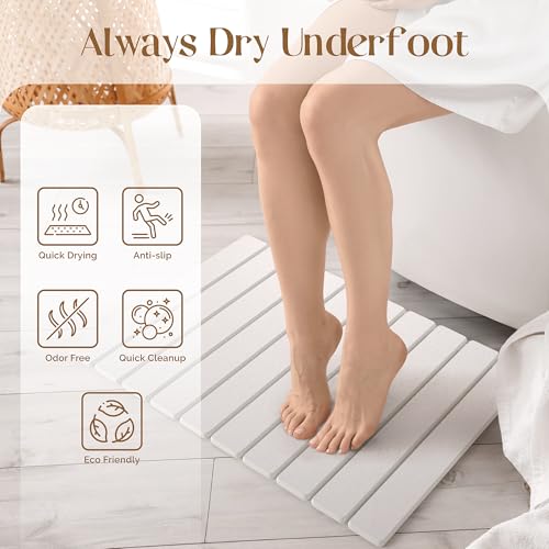 Diatomite Stone Bath Mat for Bathroom – Roll-Up & Foldable | 23.62" x 15.75" | Quick Drying & Super Absorbent | Long Diatomite Stone Drying Mat| Non-Slip | Durable | Off White - color: White