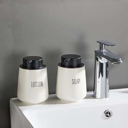 12Oz Hand Soap Dispenser Set - 2 Pack Ceramic Foam Soap Dispenser Set with Easy-to-Press Black Pump, Refillable Mordern Foaming Dish Soap Dispensers for Bathroom & Kitchen (Beige, Foam Pump) - color: Beige Foaming Dispenser