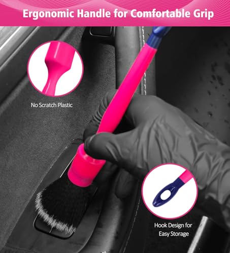 YeewayVeh 6PCS Car Detailing Brush Set, 3pcs Boars Hair Detailing Brushes, 3pcs Ultra Soft Detail Brush for Leather Seat Air Vents Engine Bay, Detail Brushes Car Detailing for Interior Exterior, Pink - color: Magenta Pink