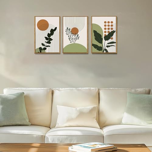 Bwodke Boho Wall Art, Framed Abstract Wall Art, Botanical Canvas Wall Decor, Mid Century Plant Leaf Geometric Pictures Set of 3, Minimalist Paintings, for Bedroom Living Room Bathroom 16"x24" - color: Botanical, size: 16"x24"Natural