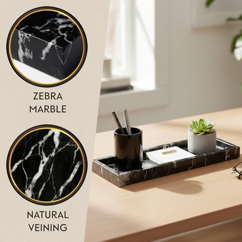 Bey-Berk Atticus Black Zebra Marble Bath Tray, 14.25" Rectangular Vanity Organizer, Bold Stone Accent - color: Black Zebra