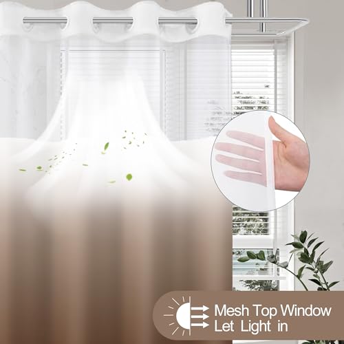 Extra Long No Hook Shower Curtain with Snap in Liner, Ombre Brown Shower Curtains and Liner Set, Hotel Fabric Bath Curtain for Bathroom, Mesh Top Window Waterproof Washable, 71" x 84" - color: Ombre Brown, size: 71"W x 84"L (Pack of 1)