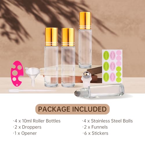 inice 10ml Roller Bottles for Essential Oils Thick Clear Glass Roll on Bottle Applicator Stainless Steel Ball Metal Cap Daily Care (Clear Rolelr Bottles) - color: 4 PACK Clear Rolelr Bottles