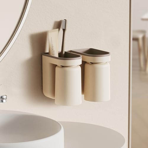Toothbrush Holder Wall Mounted with Cup,2-in-1 Toothbrush Holders & Cups Set,Inverted Design for Easy Cleaning and draining,Stick-on Toothbrush Holder for Bathroom (Beige+Coffee) - color: Beige+coffee