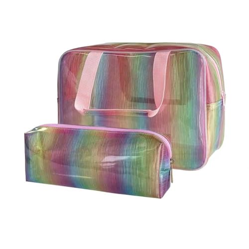 2Set Waterproof Makeup Bag,11.81 x 5.12 x 8.27 inch, 10 x 3.5 x 2.16 inch Iridescent Gradual Change TPU Travel Toiletry Bag with Handle for Portable Cosmetic Pouch for Gym Swim Beach - color: 536-1 Set