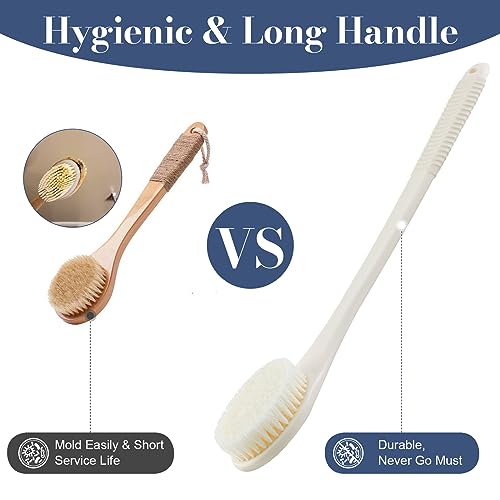 Back Scrubber for Shower, Shower Body Brush for Cleaning with Long Handle for Showering, 17 Inch Back Washer Exfoliator for Shower Men Women with Non-Slip Handle, Adhesive Hook (Cream White) - size: Cream White - Artificial Bristles
