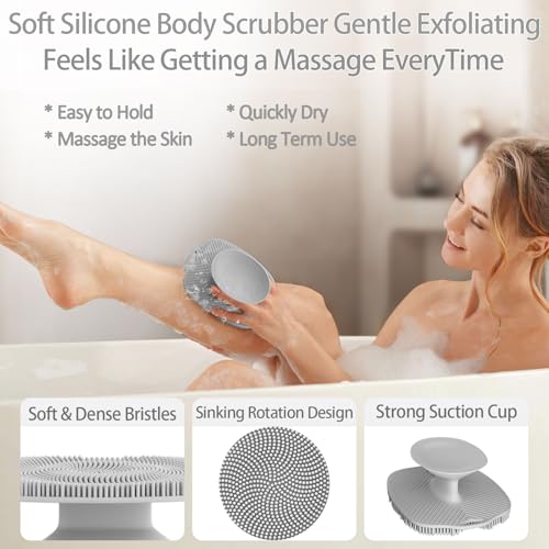 Soft Silicone Body Scrubber, Gentle Like a Hand Exfoliating Your Skin and Build Up Lather Easily, Back Large Suction Cup Easy to Store, Long-Lasting & Deep Clean (Gray) - color: Gray