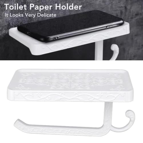 Vintage Toilet Paper Holder Wall Mount Toilet Roll Holder with Shelf and Hook Bronze Antique Bathroom Accessories Toilet Tissue Roll Holder Hanger Aluminum Material (White) - color: White