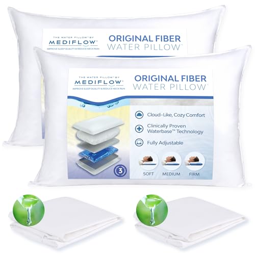 Mediflow Fiber Water Pillow - Adjustable Pillow for Neck Pain Relief, Pillow for Side, Back, and Stomach Sleepers, The Original Inventor of The Water Pillow (2 Pillows, 2 Aloe Vera Pillow Covers) - size: Value Pack – With Pillow Covers
