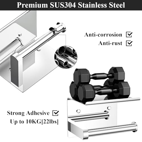 Tindbea Toilet Paper Holder with Phone Shelf + Towel Robe Hooks, Adhesive or Screw Wall Mounted Toilet Paper Roll Storage, Stainless Steel Bathroom Tissue Roll Holder (Polished Chrome) - color: Polished Chrome, size: Regular