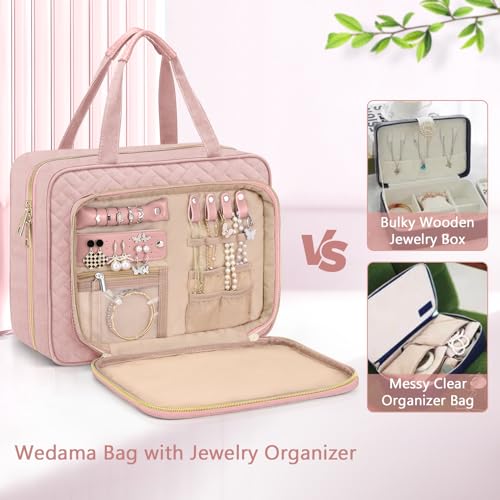 Wedama Toiletry Bag for Women, Hanging Travel Toiletry Bag with Jewelry Organizer Compartment Large Makeup Bag, PVC Waterproof Cosmetic Travel Bag for Travel Business Trips Camping Bathroom, Pink - color: Pink, size: Large, style: With Jewelry Organizer C