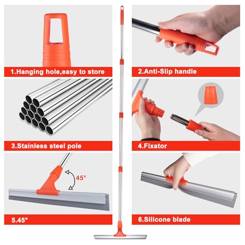 BITOPE Floor Squeegee for Cleaning, 17.3" Heavy-Duty Squeegee for Floor, Silicone Scrubber Broom with 5 Ft Stainsless Steel Long Handle for Bathroom, Glass Windows, Tile, Garage, Deck