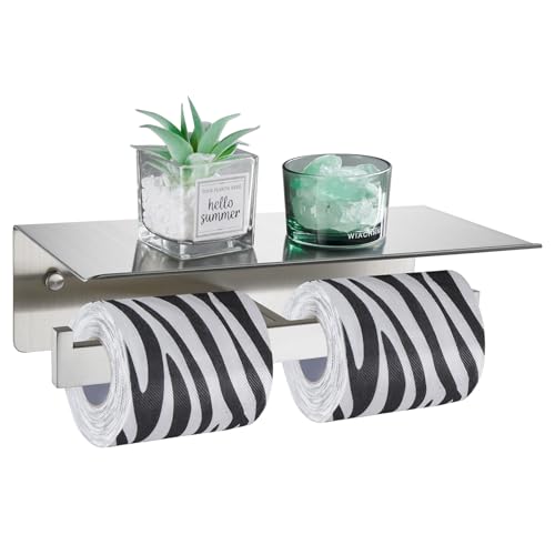 Angle Simple Bathroom Toilet Paper Holder, SUS 304 Stainless Steel Toilet Tissue Roll Holder with Storage Shelf, Wall Mount - color: Brushed Nickel, size: Double Rod