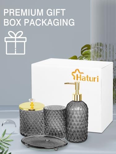 Haturi Gray Glass Bathroom Accessories Set, 4-Piece - Lotion Soap Dispenser, Toothbrush Holder, Cotton Swab Jar & Soap Dish – Elegant Gold Accent for Countertop & Housewarming Gift - style: Smoky Gray